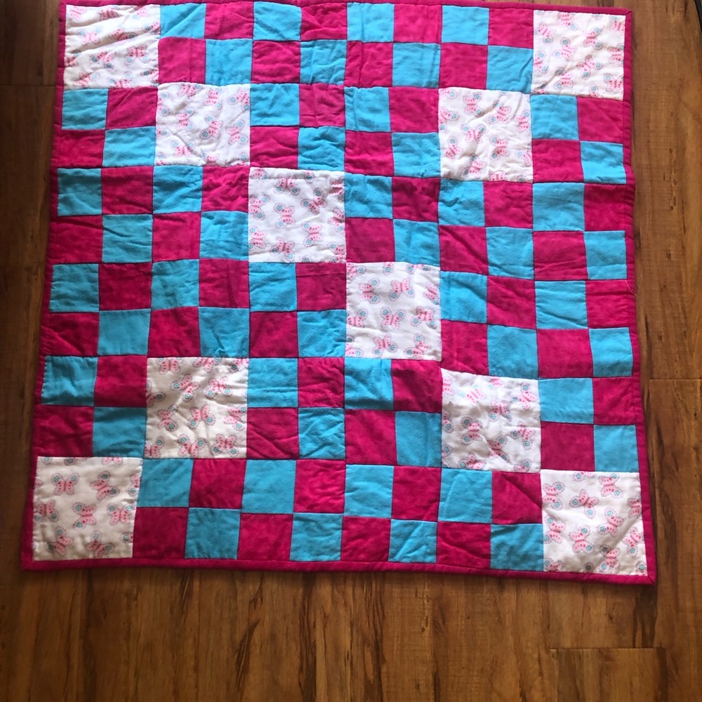 Baby Quilt Handmade Patchwork Pink & Blue Butterfly Flannel Back 35x36. Blanket